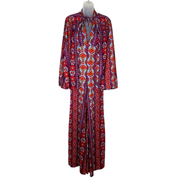 Vintage LEO CHEVALIER 60s 70s Psychedelic Mod Polyester Halter Jumpsuit Cape S - Picture 1 of 13